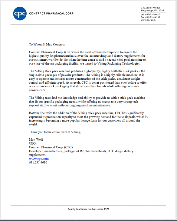 Contract Pharmacal Corp. letter of recommendation